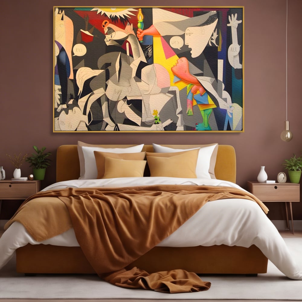 Tablou canvas cu tablou canvas cu reinterpretare dupa guernica, in rama de aluminiu auriu, pe perete intr-un dormitor